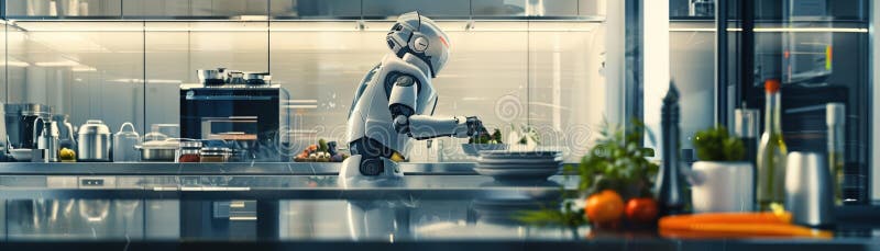 Robot chef preparing meals in a futuristic kitchen vector illustration