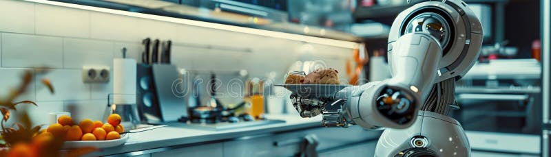 Robot chef preparing meals in a futuristic kitchen vector illustration