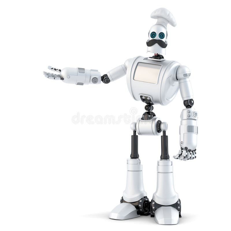 Robot Chef showing invisible object. 3D illustration. Isolated. stock illustration