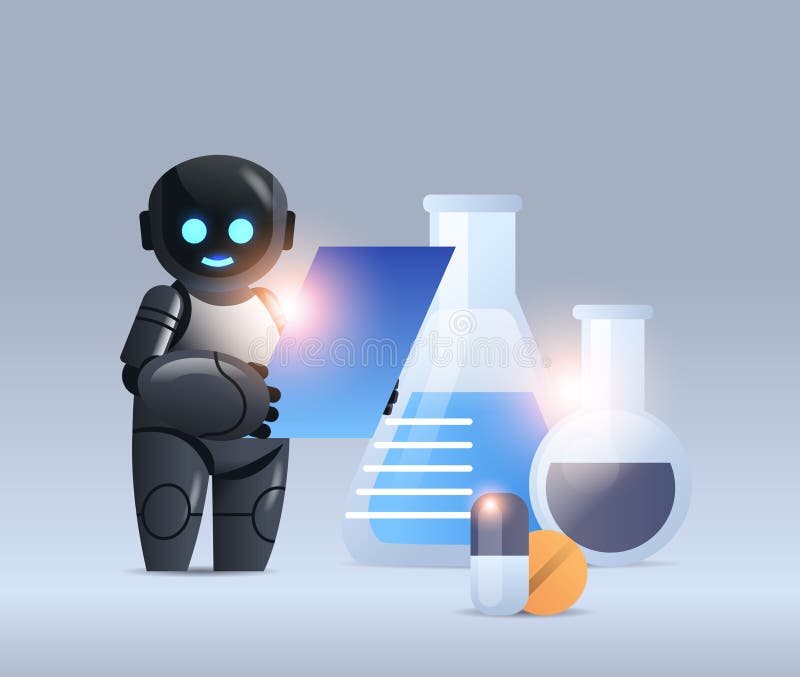 Robot chemist with test tubes making chemical experiment in lab microbiology science artificial intelligence technology vector illustration