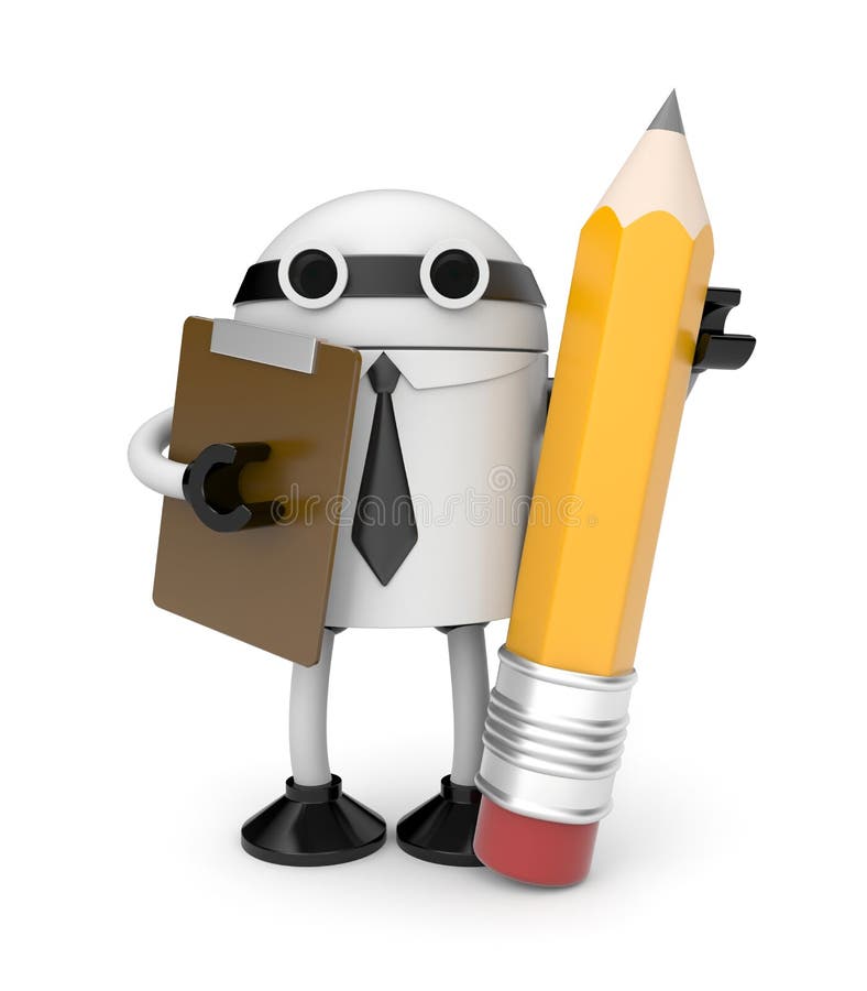 Robot with clipboard and pencil stock illustration