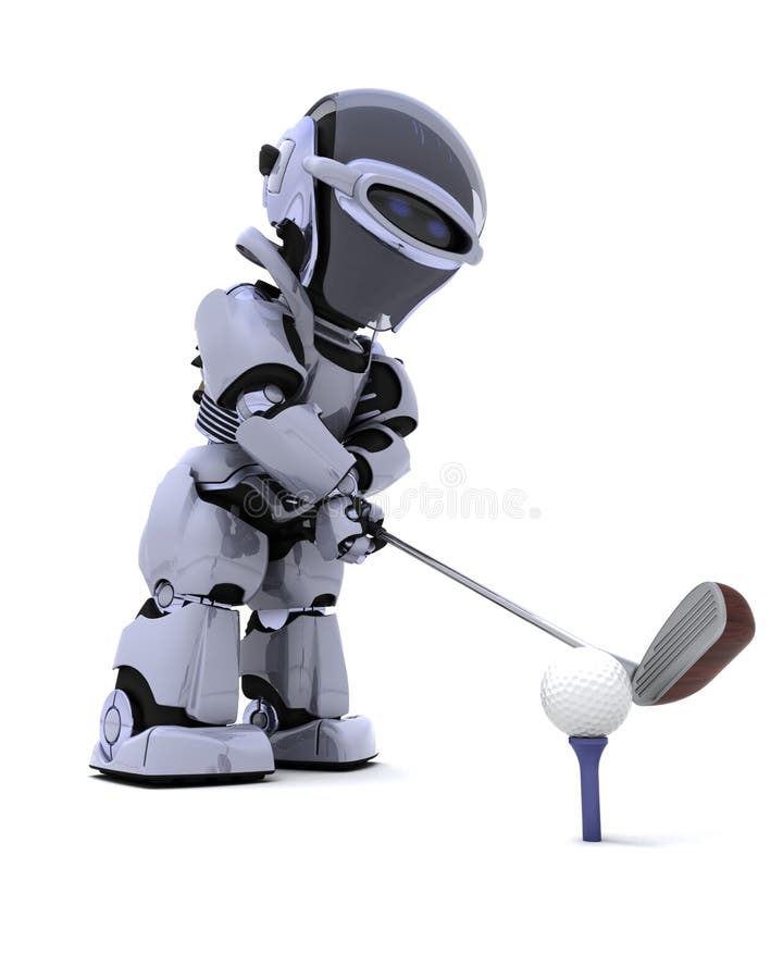 Robot with club playing golf