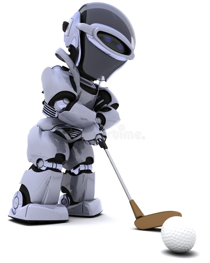 Robot with club playing golf