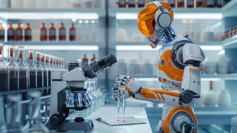 Robot conducting experiment in futuristic laboratory setting generated with AI royalty free illustration
