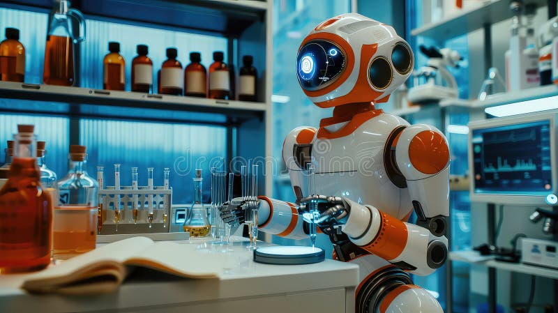 Robot Conducting Experiments in a Modern Science Laboratory generated with AI vector illustration
