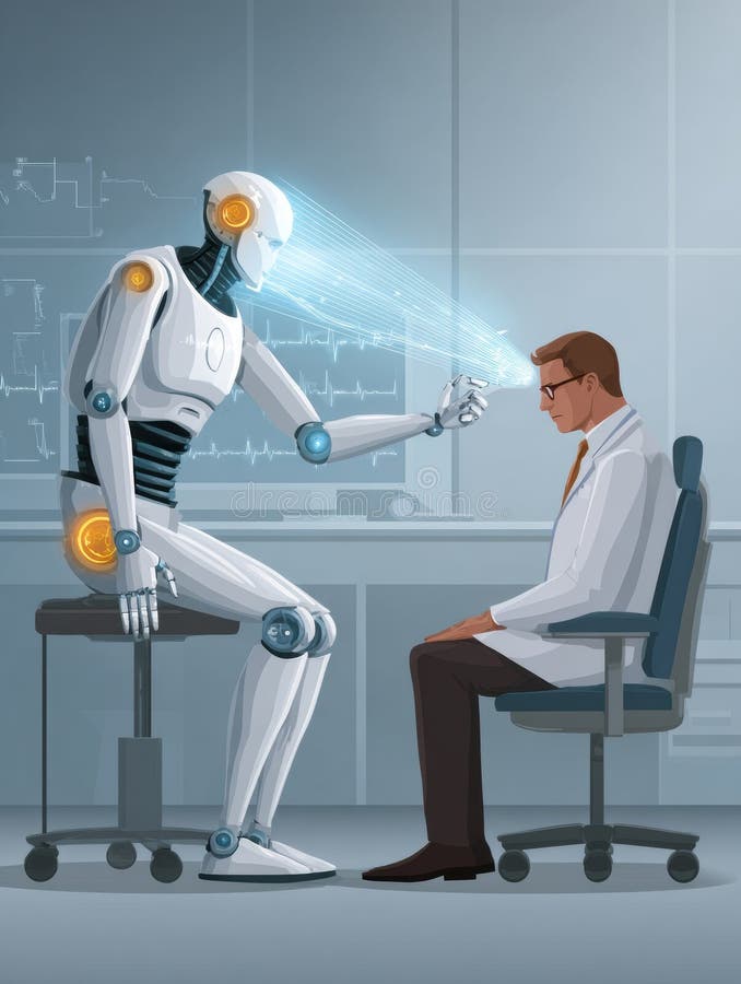 Robot Conducts Analysis on Human Subject in Futuristic Laboratory Setting With Advanced Technology royalty free stock image