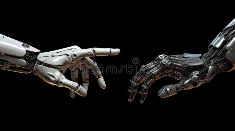 Robot connect to human, Human and robot hands reaching out and touching with index fingers stock illustration