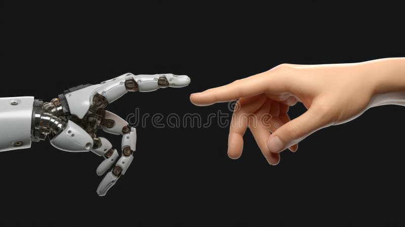 Robot connect to human, Human and robot hands reaching out and touching with index fingers royalty free illustration