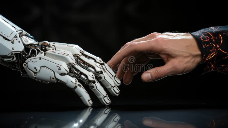 Robot connect to human, Human and robot hands reaching out and touching with index fingers royalty free illustration
