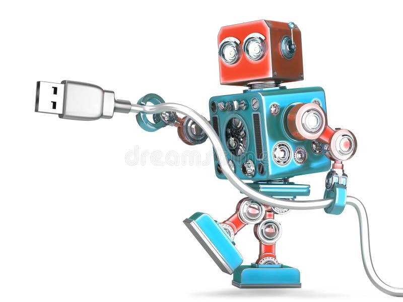 Robot connecting USB cable. Isolated. Contains clipping path