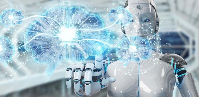 Robot creating artificial intelligence in a digital brain 3D rendering royalty free illustration