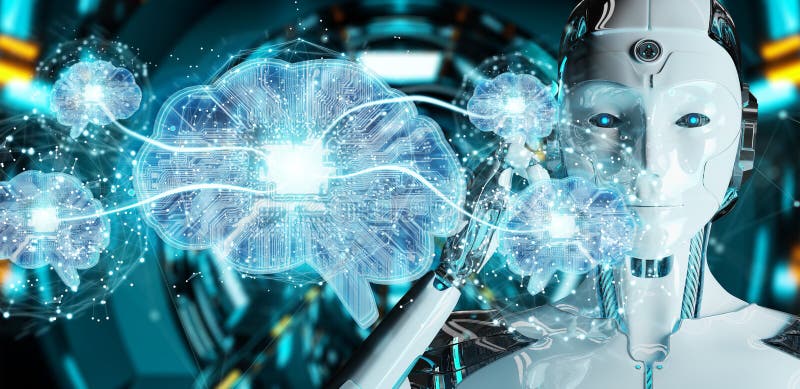 Robot creating artificial intelligence in a digital brain 3D rendering vector illustration