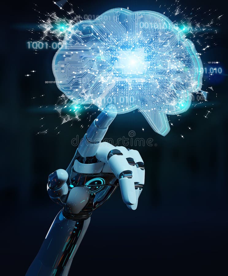 Robot creating artificial intelligence in a digital brain 3D rendering royalty free illustration