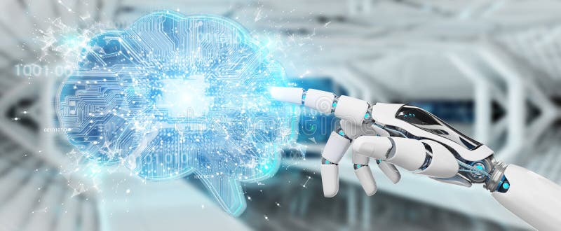Robot creating artificial intelligence in a digital brain 3D rendering vector illustration