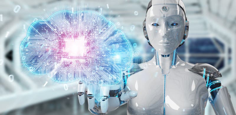 Robot creating artificial intelligence in a digital brain 3D rendering royalty free illustration