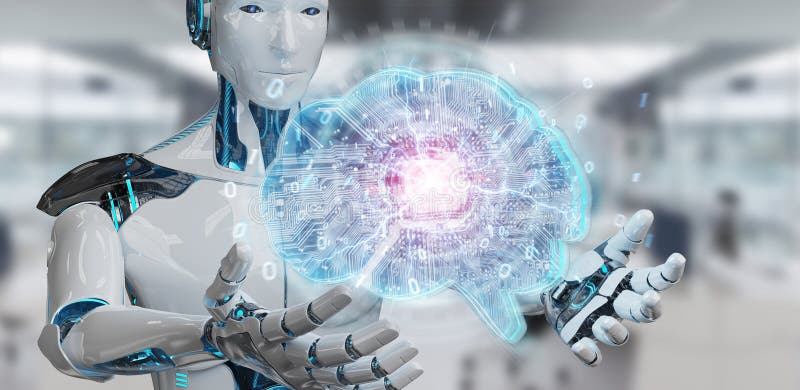 Robot creating artificial intelligence in a digital brain 3D ren vector illustration