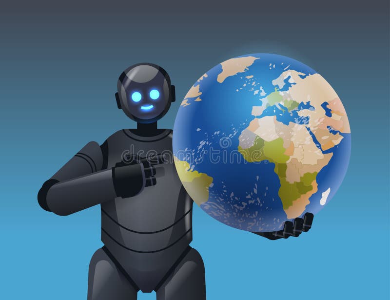 Robot cyborg holding planet earth globe modern robotic character artificial intelligence technology concept stock illustration