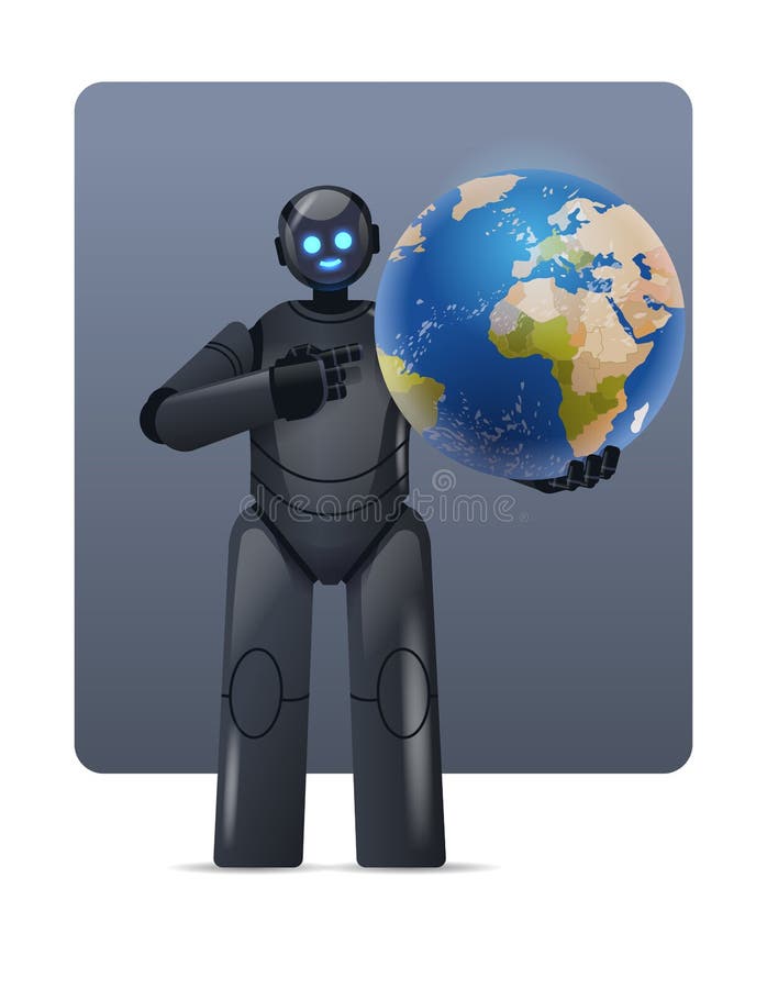 Robot cyborg holding planet earth globe modern robotic character artificial intelligence technology concept royalty free illustration