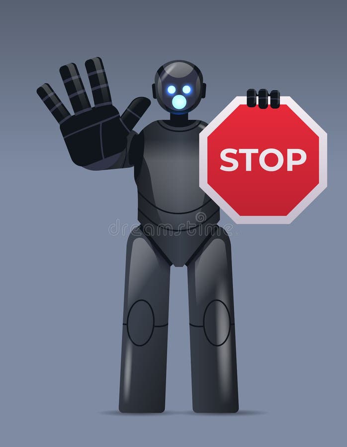 Robot cyborg holding red stop sign robotic character showing no entry hand gesture artificial intelligence vector illustration