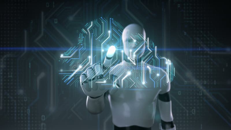 Robot cyborg wat betreft wolkenpictogram, Toegangswolk de animatie van de gegevensverwerkingsdienst Kunstmatige intelligentie