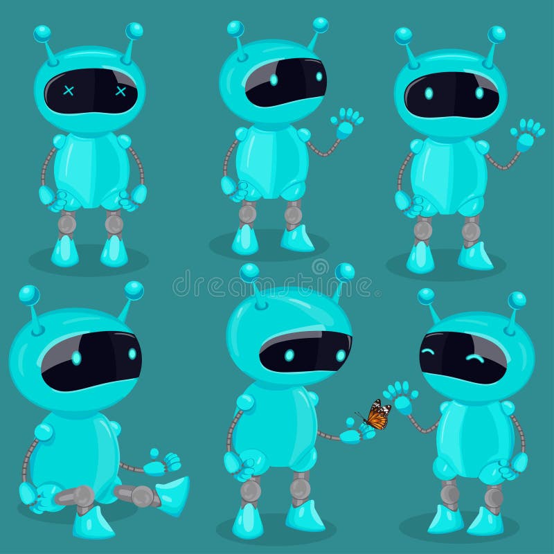 Robot d'isolement par collection dans le style de bande dessinée Robots mignons bleus de vecteur illustration libre de droits Robot d'isolement par collection dans le style de bande dessinée Robots mignons bleus de vecteur illustration libre de droits