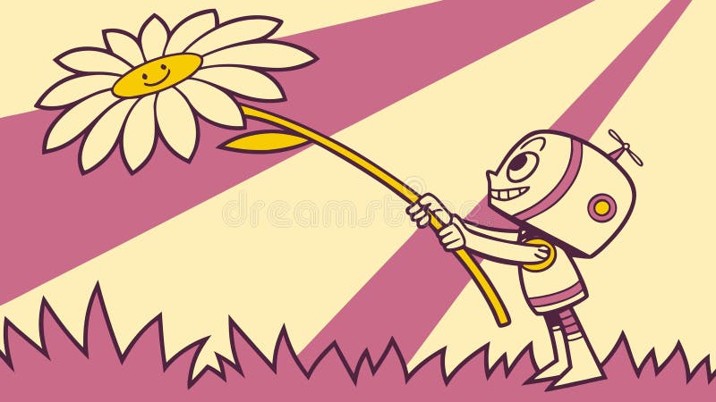 Robot with Daisy, Whimsical Retro Scene, vector design Generative AI stock illustration