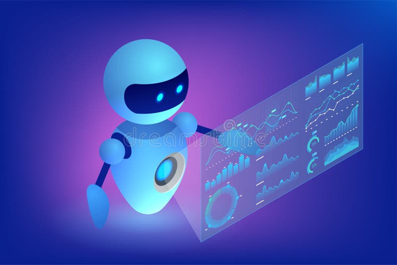 Robot de chatbot de ai isométrico que interactúa con paneles de datos holográficos sobre un smartphone. azul neón y púrpura stock de ilustración