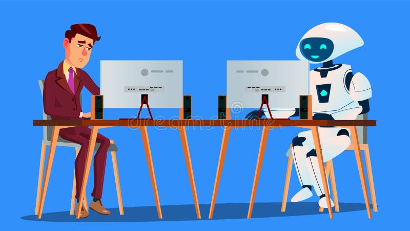 Robot de funcionamiento contra el vector cansado de Working On Computer del hombre de negocios Ilustración aislada ilustración del vector Robot de funcionamiento contra el vector cansado de Working On Computer del hombre de negocios Ilustración aislada ilustración del vector