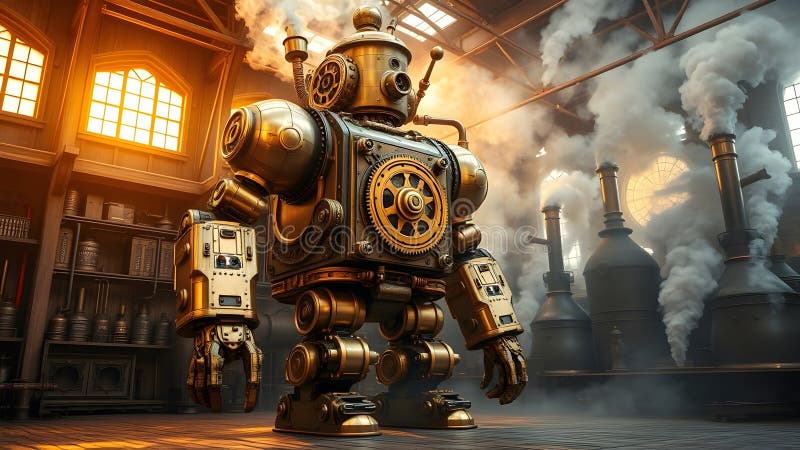 Robot de fábrica con vapor y luz de humo suave para campañas de tecnología retro ilustración del vector
