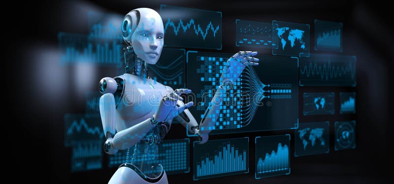 Robot de IA con panel de análisis de Big Data para rendimiento 3d de concepto de negocios y tecnología stock de ilustración
