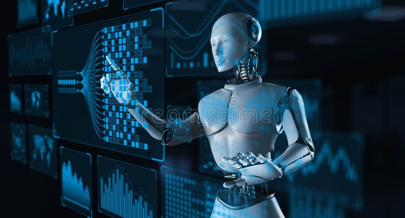 Robot de IA con panel de análisis de Big Data para rendimiento 3d de concepto de negocios y tecnología ilustración del vector