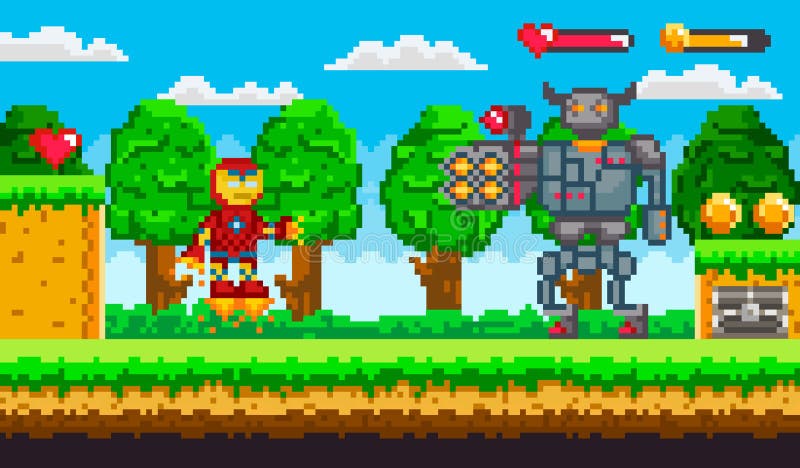 Robot de met 8 bits van het pixelspel en Cyborg-Monstervector stock illustratie Robot de met 8 bits van het pixelspel en Cyborg-Monstervector stock illustratie