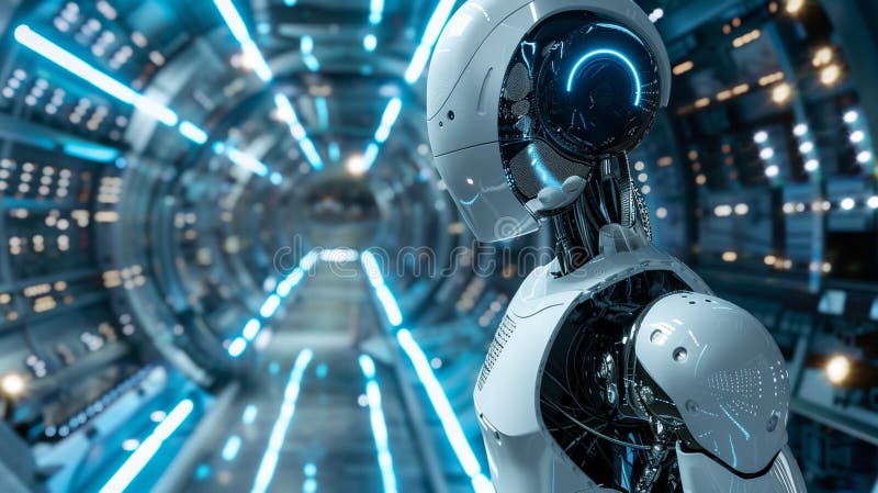 Robot debout dans un tunnel lumineux. Un robot est vu debout dans un tunnel créé par des lumières vibrantes. l'être mécanique est illuminé par la lueur colorée qui l'entoure, créant une atmosphère futuriste et surréaliste.