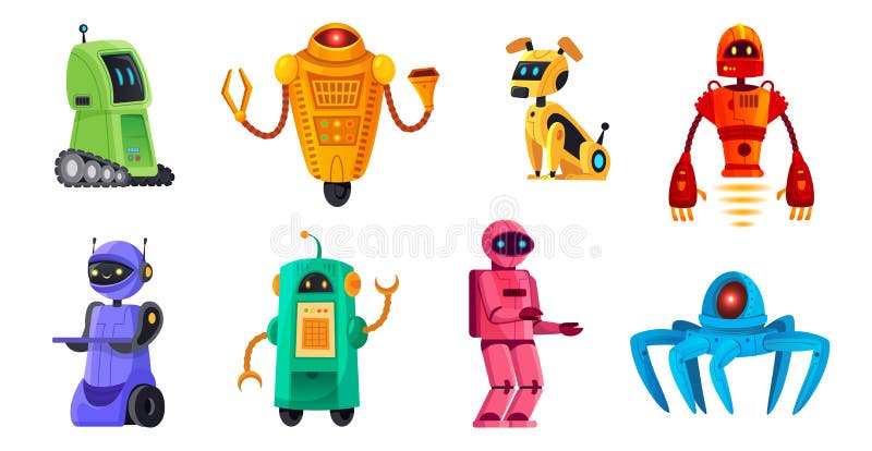 Robot del fumetto Bots di robotica, animale domestico del robot ed insieme robot dell'illustrazione di vettore di tecnologia dei royalty illustrazione gratis Robot del fumetto Bots di robotica, animale domestico del robot ed insieme robot dell'illustrazione di vettore di tecnologia dei royalty illustrazione gratis