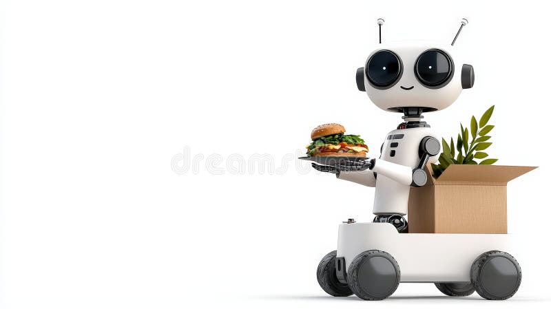 Robot delivering food with a box vector illustration