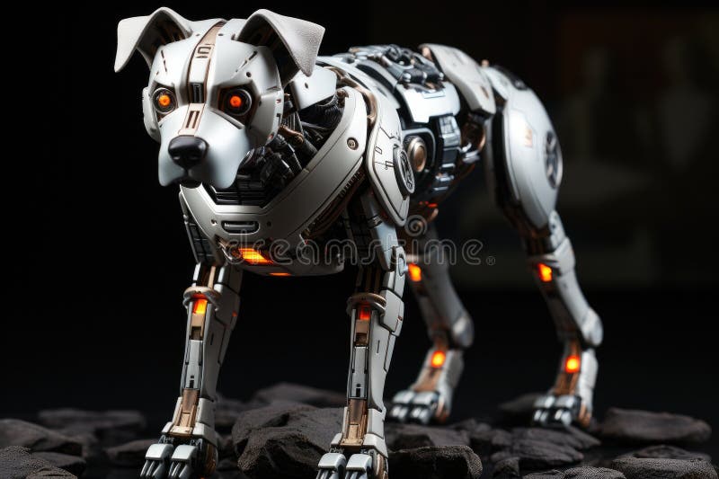 Robot dog stands on a gray background, Cyber dog royalty free illustration