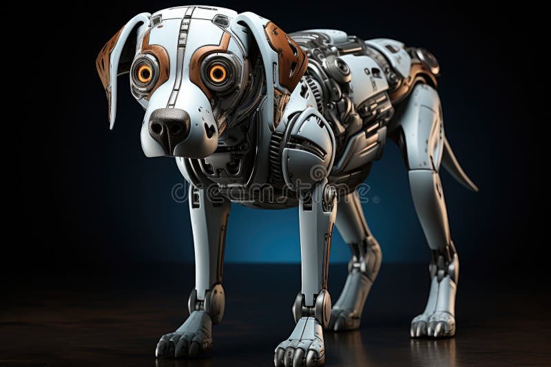 Robot dog stands on a gray background, Cyber dog stock illustration
