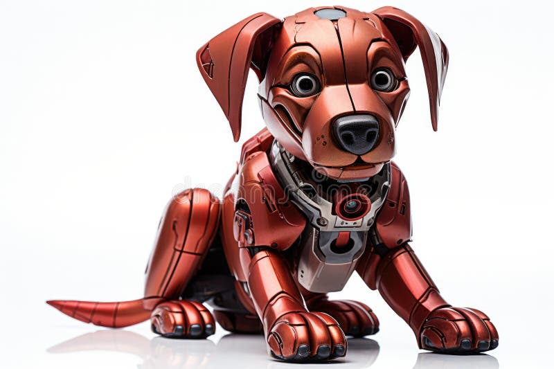 Robot dog stands on a white background, Red robot dog stock illustration