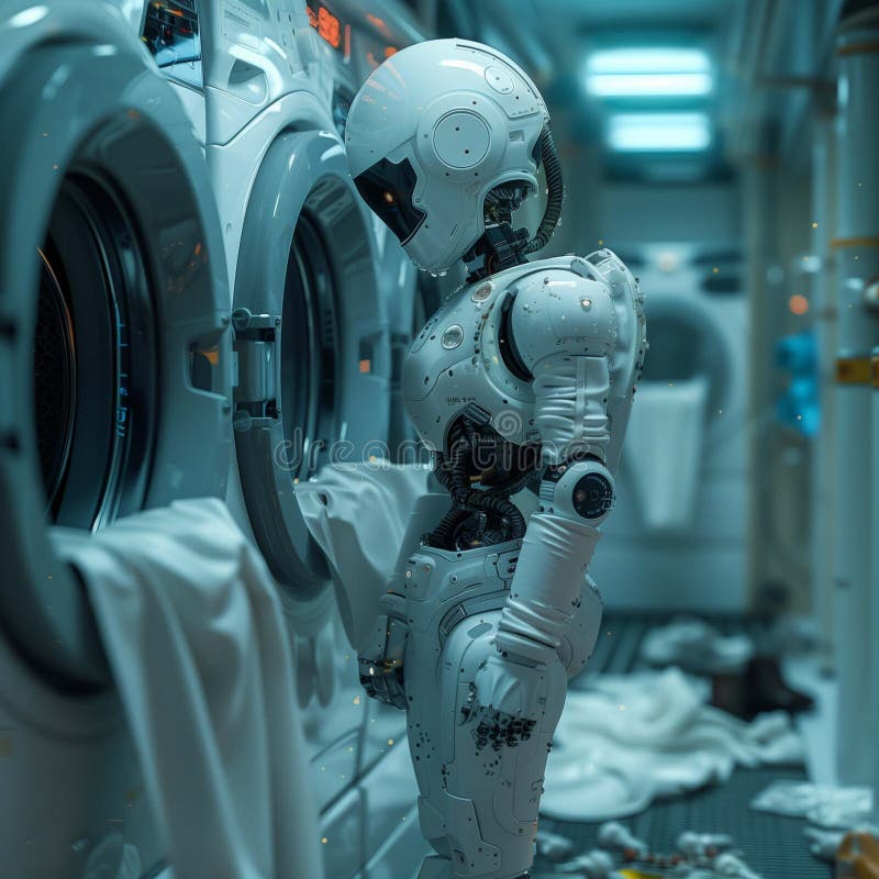 Robot Doing Laundry in Futuristic Setting royalty free illustration