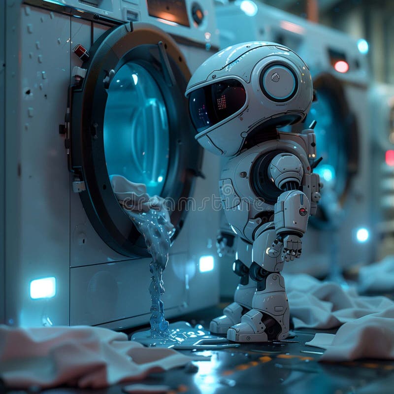 Illustration of Robot Doing Laundry in Futuristic Setting vector illustration