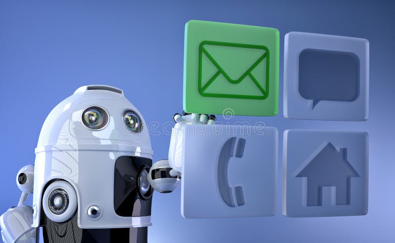 Robot dotyka wirtualne mobilne ikony ilustracja wektor Robot dotyka wirtualne mobilne ikony ilustracja wektor