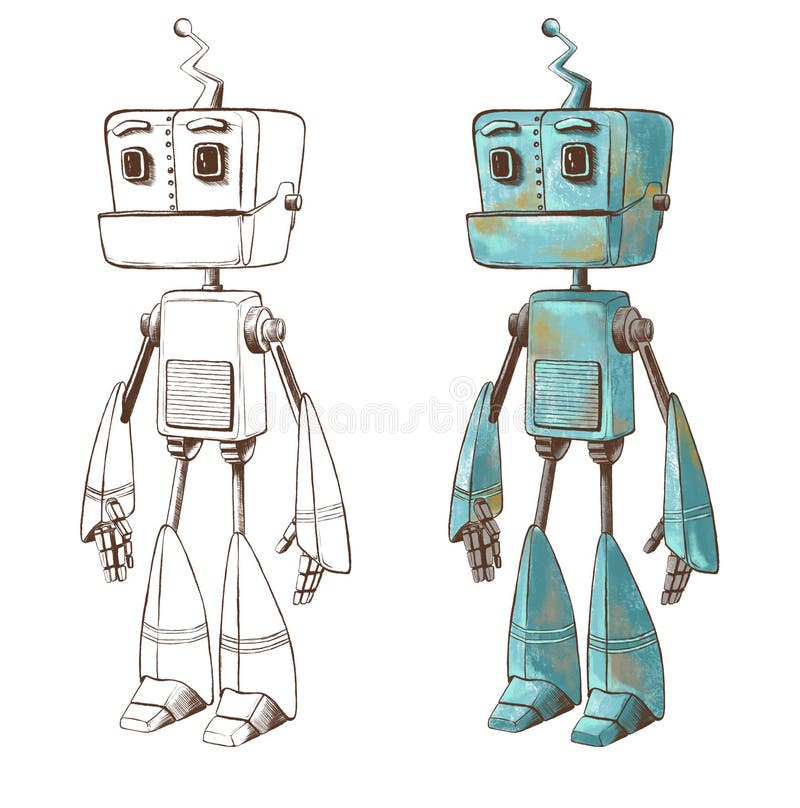 Robot Drawing, Graphic Drawing and Colour Illustration. Robot Character