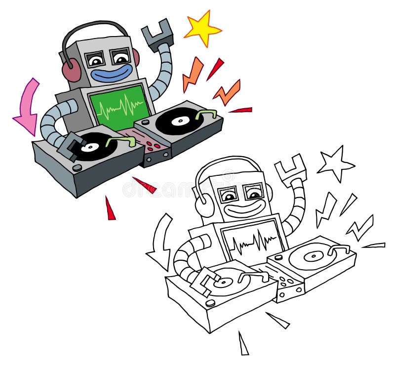 Robot drôle de disc-jockey de style de bande dessinée jouant des plaques tournantes illustration libre de droits Robot drôle de disc-jockey de style de bande dessinée jouant des plaques tournantes illustration libre de droits