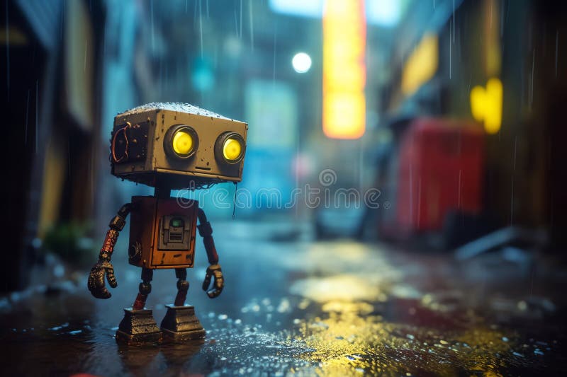 Robot drăguț sub ploaie Ai generativ stock illustration