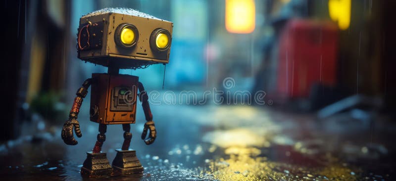 Robot drăguț sub ploaie Ai generativ stock illustration