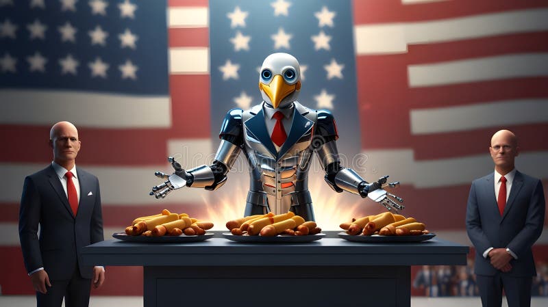 Robot Eagle Presents Hot Dogs with Men and Us Flag vector illustration