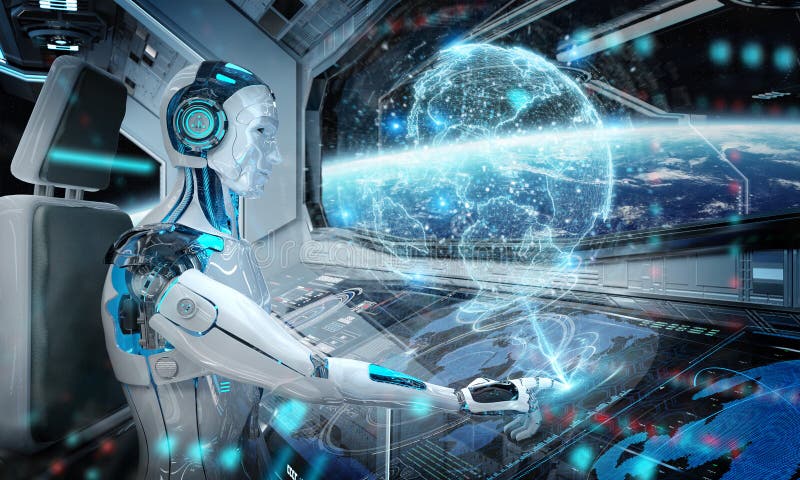Robot in een controlekamer die een wit modern ruimteschip met venstermening vliegen bij het ruimte en digitale Aardehologram 3D t vector illustratie Robot in een controlekamer die een wit modern ruimteschip met venstermening vliegen bij het ruimte en digitale Aardehologram 3D t vector illustratie