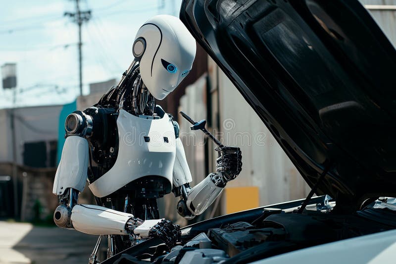 Robot effectuant des réparations automobiles avec précision photographie stock libre de droits