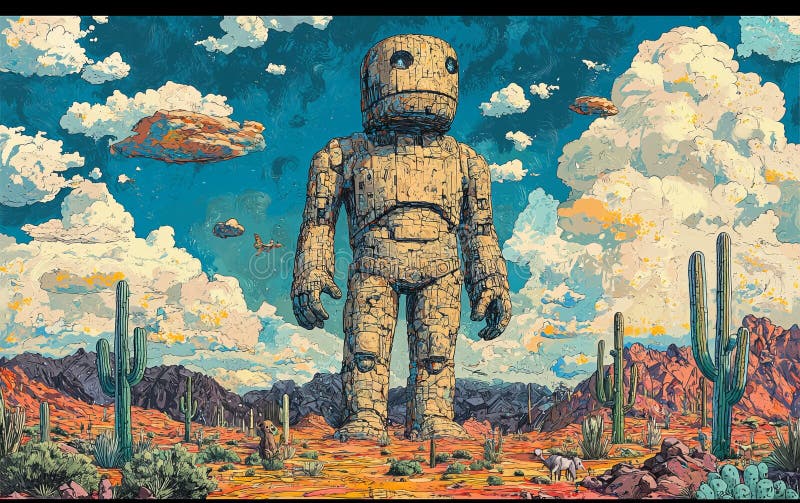 Robot en pierre géant piqué dans un paysage désertique avec cactus nuages ciel abstrait futuriste art numérique avec éléments surr illustration stock
