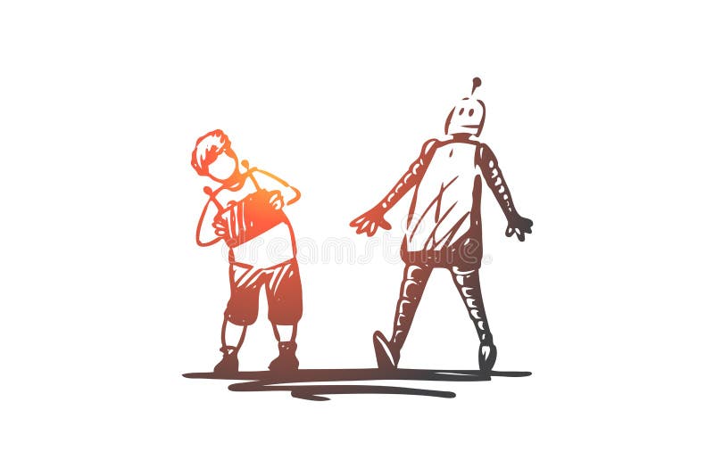 Robot, enfant, jeu, à distance, concept de contrôle Vecteur d'isolement tir? par la main illustration stock Robot, enfant, jeu, à distance, concept de contrôle Vecteur d'isolement tir? par la main illustration stock